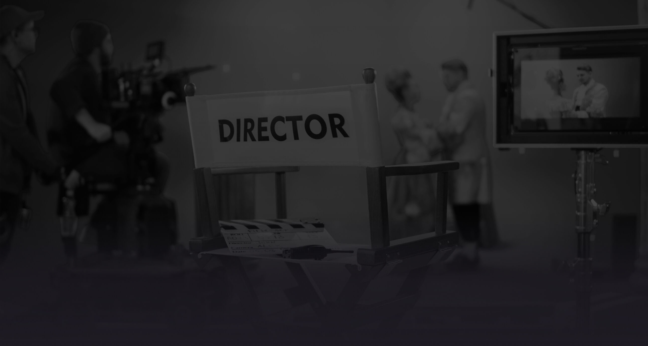 Film Studio set focus on empty director's chair. In the background professional crew shooting historic movie, cameraman on railway trolley shooting green screen scene with actors for history movie