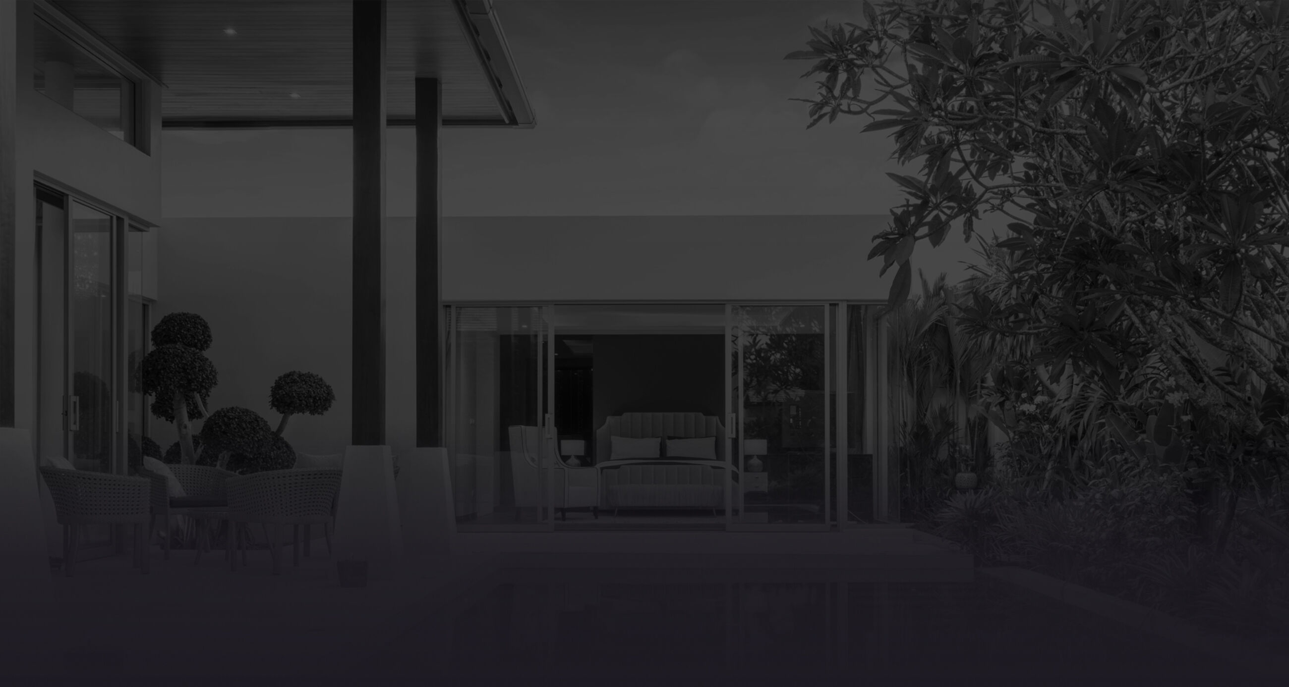 house building exterior and interior design showing tropical pool villa with green garden and bedroom